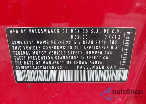 2013 Volkswagen Jetta 2.5L Se z USA, uszkodzony, nr VIN 3VWDP7AJ0DM359863